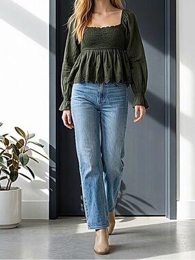 American Eagle Smocked Eyelet Peplum Long Sleeve Top Olive Green Size M